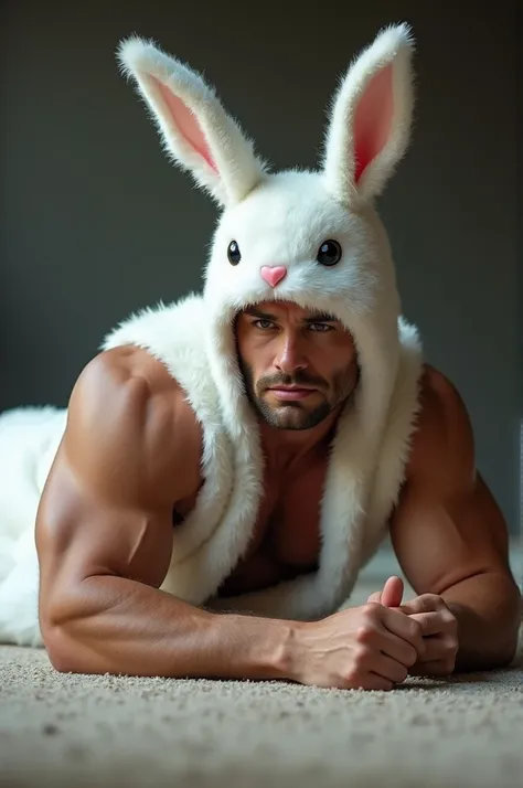 A muscular white man in a bunny costume lying on the floor...