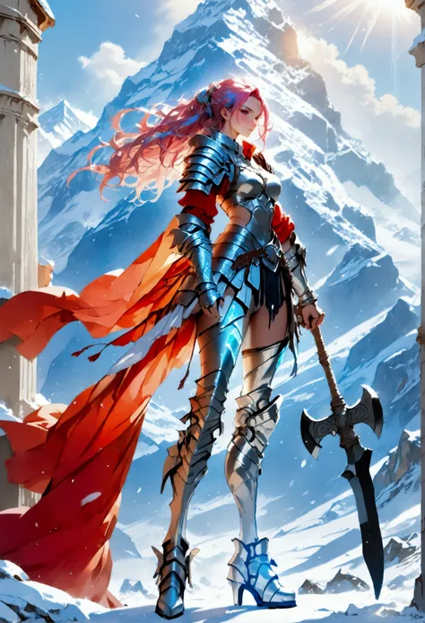 a fantasy art illustration of a female giant knight armed with a ((mighty battleaxe: 1.5)) standing at the temple gates built on snowy mountain, (((she is as tall as the mountain: 1.3))) a wild beautiful, exotic beautiful giant knight, ((anatomically corre...