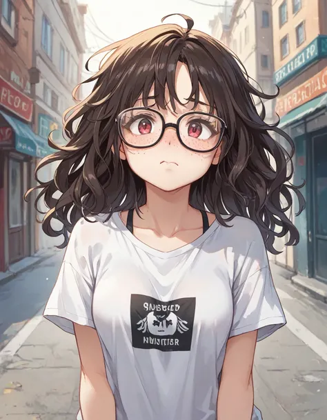 1girl, solo, long hair, ((shaggy hair)), Black-rimmed glasses, nose blush, Panic look, freckles, pale skin, Worried brow, (Bubble mouth), Looking up, pov, pov hand, He is holding her hand, (Oversized T-shirt), (One of her shirts has slipped), exposing her ...