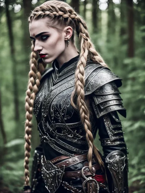 women. by white. braids. Braided hair. white eyebrows. Red eyes. Black painted lips. BLACK LIPS. pale skin. perfect face. realist. Skinny body. armor metalica de color negro con detalles dorados. armor. Dressed in armor. perfect body. realist. In the woods...