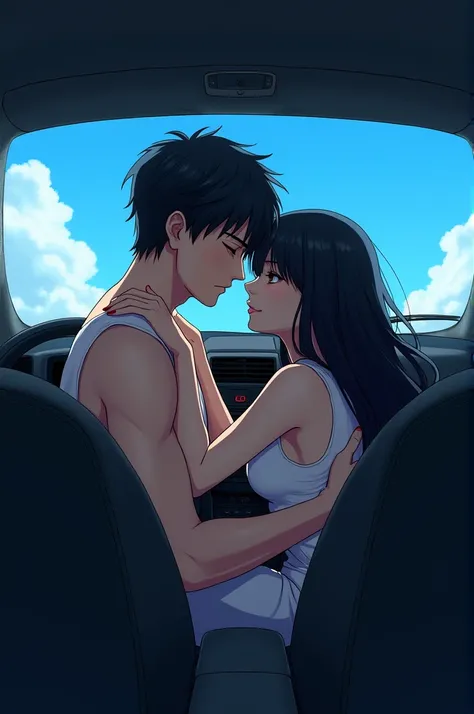 A tall man, short black hair and slanted eyes kissing a short woman with bangs and long black hair in a blue skyline r34 gtr car