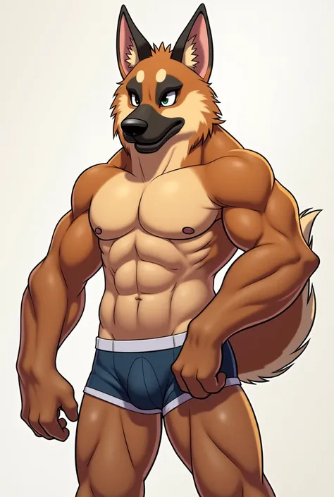 Create a muscular furry that is a full German shepherd and has large pectorals and is scantily clad, that he is only wearing very short boxers and his package is noticeable, with adolescent features and furry anthropomorphic and high anime style.not so mus...