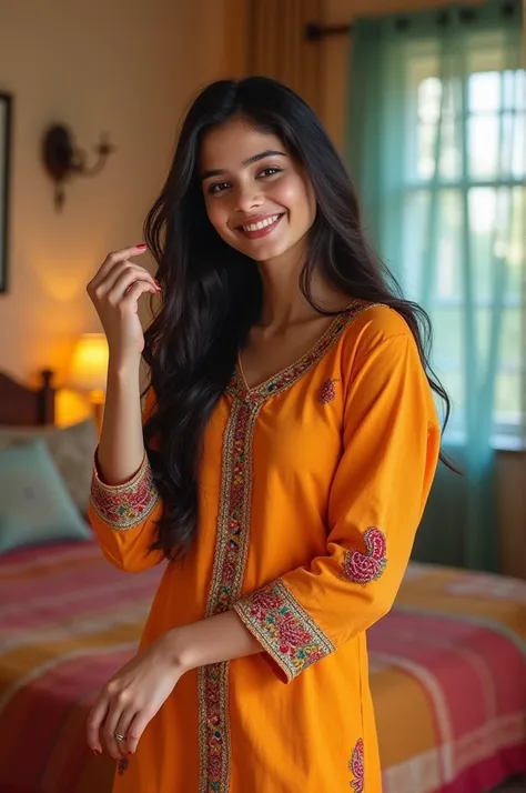 beautiful cute young attractive indian teenage girl, light

smile, 18 years old, cute, wearing salwar kurta Instagram model, long black_hair, colorful hair,, dacing, in home, bedroom, indian, Indian