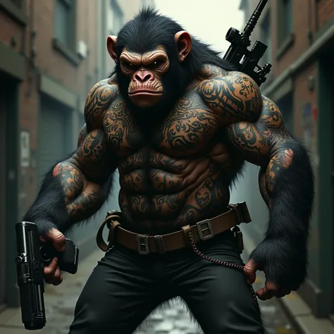 Gangster ape with gun, tattoos all over the body and guns on the back and guns even in the teeth