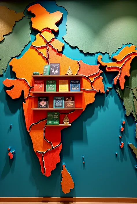 I want a wall with the map of India and Gujarat highlighted. A 3D art on wall with special books on Surat and Gujarat kept on it. book shelf should be on in the space of Gujarat. Specialilty like diamond , textile etc should be highlighted in the map