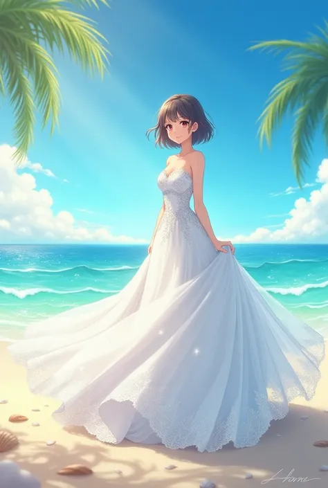 Anime cartoon image of a short-haired woman in a wedding dress standing on the beach.
