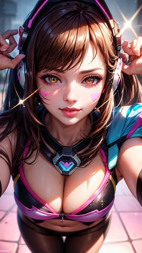 ((masterpiece)), Dva, Overwatch Dva, Dva headgear, Dva facepaint, brown hair, messy hair, heart-shaped pupils, amber eyes, seductive smile, cinematic lighting, sparkle, ray tracing, backlighting, drop shadow, pov, blurry foreground, from above, UHD, 4K, be...