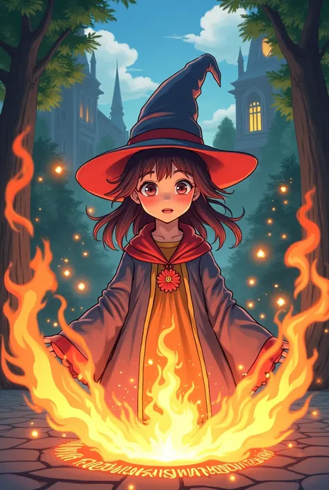 A young witch conducting a magical experiment using fire in the schoolyard。Anime style illustrations。