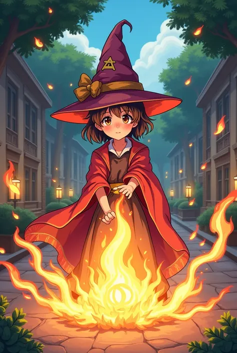 A young witch conducting a magical experiment using fire in the schoolyard。Anime style illustrations。