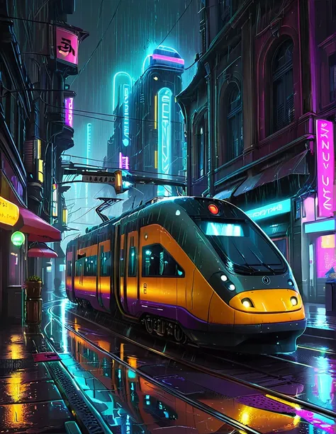 ((masterpiece)),((best quality)),((high detail)),((realistic,)) Futurist era city, architectural streets, bazaars, futuristic train lines, cyberpunk, buildings, night, European city, rainy, neon