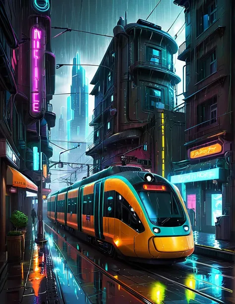 ((masterpiece)),((best quality)),((high detail)),((realistic,)) Futurist era city, architectural streets, bazaars, futuristic train lines, cyberpunk, buildings, night, European city, rainy, neon