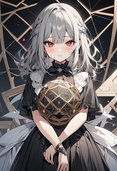 ,beautiful flower々）,Gray Hair、Red Eyes、 blush、devil、devilの羽、dark、ribbon、(masterpiece, Highest quality), Official Art, beautifully、aesthetic: 1.2), (1 person), Very detailed, (Geometry Art: 1.3)