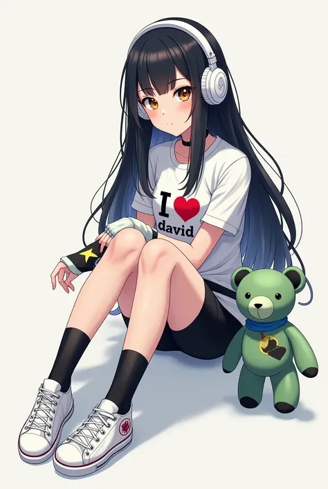 Female character long black hair with white headphones black Chinese eyes , white fur black hand warmers white tennis shoes and black socks, con un oso de peluche verde y negro y camisa que diga I ❤️ david 