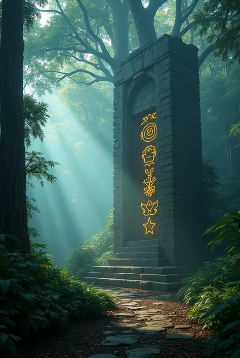 A high-resolution brightly lit photorealistic photograph of an ancient rain forest with criptic symbols of tribals and alienish paterns on the tree trunks glowing in uv colours  smog and misty fog in the atmosphere broken ruins of ancient goddess skulptor ...