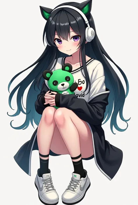 Female character long black hair with white headphones black Chinese eyes , white fur black hand warmers white tennis shoes and black socks, con un oso de peluche verde y negro y camisa que diga I ❤️ david 