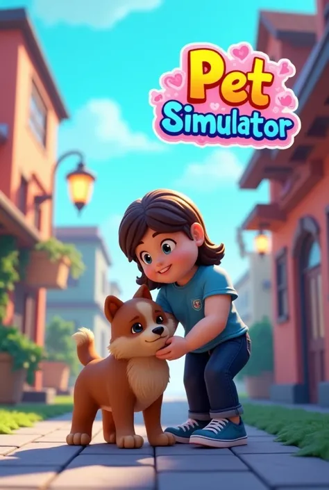 Roblox character leaning to pet the dog and make background cartoonish put a logo on the top from left to right saying pet simulator in colorful letters make the background Roblox like and characters as well make the background to have Roblox pixelated bui...