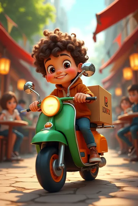 cute curly haired boy riding a green and orange courier motorbike with a big box on the back with a restaurant atmosphere in the background