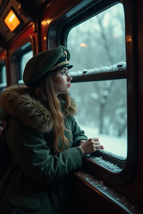 masterpiece, best quality,Soviet female soldiers，Steam locomotive interior，Lie on the window，Look out the car window，World War II，TRAIN STATION，About to travel，dimly lit scene，Dim Lights，Snow outside the window