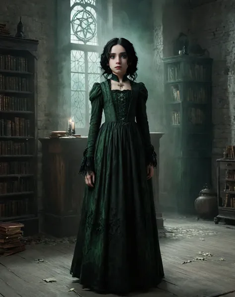 "A terrifying 11 years old daughter of severus snape, with cracked porcelain skin and hollow, green eyes, black hair, dressed in an old, tattered Victorian gown. She stands in the center of a dark, eerie room with flickering candlelight casting ominous sha...