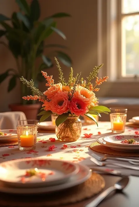 Cozy and warm table with centre piece  floral print paatterns
