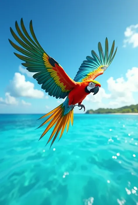 A parrot in mid-flight with its feathers spread wide, soaring over a turquoise ocean.