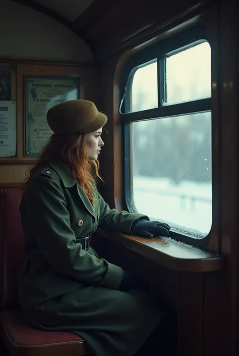 masterpiece, best quality,Soviet female soldiers，Steam locomotive interior，Lie on the window，Look out the car window，World War II，TRAIN STATION，About to travel，dimly lit scene，Dim Lights，Snow outside the window