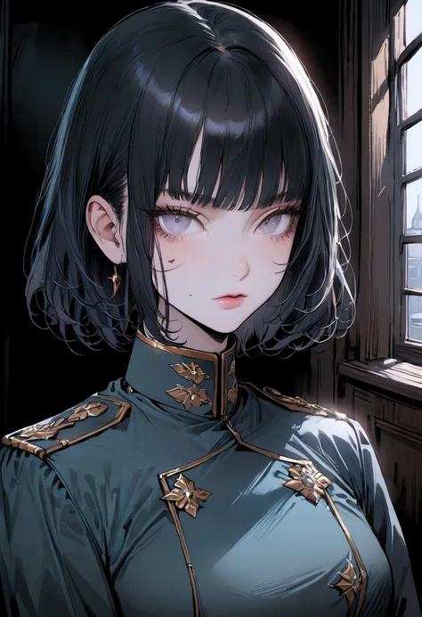 (highest resolution, distinct_image) Best quality, single person, one woman, solo, masterpiece, highly detailed, semi realistic, black short hair, black hair, bangs, 18 years old, mature, light blue military uniform, military uniform, indoor background, ge...