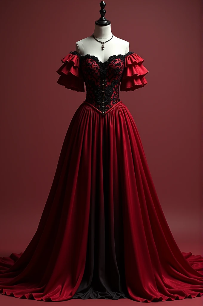 Vampire style dress in red and black colors, with volume in the skirt, slits on both sides in front of the skirt, off shoulder and sleeves reaching to the elbows with ruffles