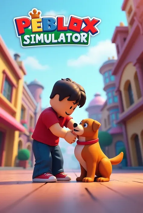 Roblox character leaning to pet the dog and make background cartoonish put a logo on the top from left to right saying pet simulator in colorful letters make the background Roblox like and characters as well make the dog blocky and the buildings lego like
