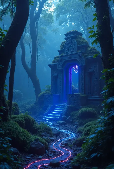 A high-resolution brightly lit photorealistic photograph of an ancient rain forest with criptic symbols of tribals and alienish paterns on the tree trunks glowing in uv colours  cinematic cyberpunk uv lightings in the background smog and misty fog in the a...