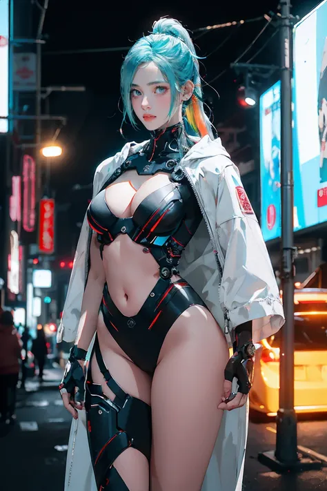 ((Highest quality)), ((masterpiece)), (detailed:1.4), (((Translucent with mechanical parts and transparent skin++Rainbow colored aurora material++、++Grey carbon material++Cyberpunk beauties))), ((Wide open chest)), Hip and thigh skin, Ticker (High Dynamic ...