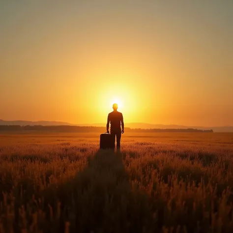 A vast field, with the sun setting far away in the center of the image. Only with its outline in the image, Against the light, there is a man standing holding a suitcase, Hes too far away 