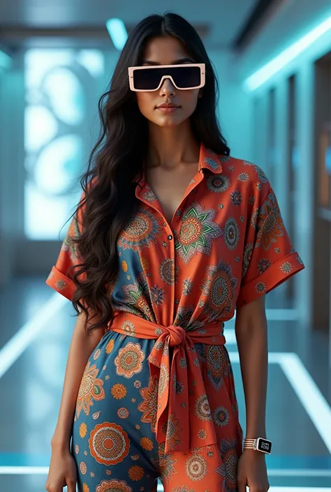 "Imagine an Indian girl, stylishly blending traditional and modern fashion, as an AI influencer. Shes dressed in a chic outfit that combines vibrant ethnic patterns with contemporary design, created using AI technology. Her look is completed with modern ac...