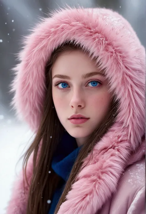 tall girl, pink fur, blue eyes, hyperdetailed photographs, soft light,realist, in the snow