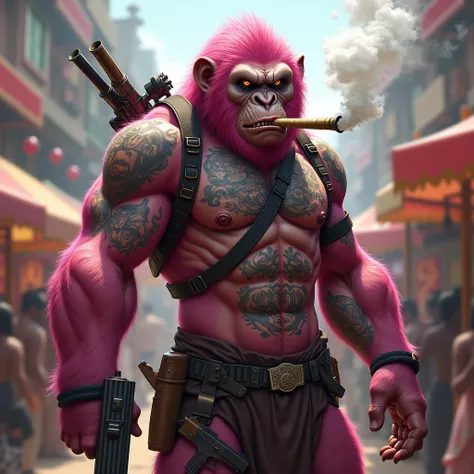 Pink gangster ape with gun, tattoos all over his body and guns on his back and guns even in his teeth at an Indian fair smoking weed