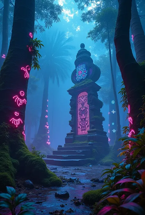 A high-resolution brightly lit photorealistic photograph of an ancient rain forest with criptic symbols of tribals and alienish paterns on the tree trunks glowing in uv colours  cinematic cyberpunk uv lightings in the background smog and misty fog in the a...