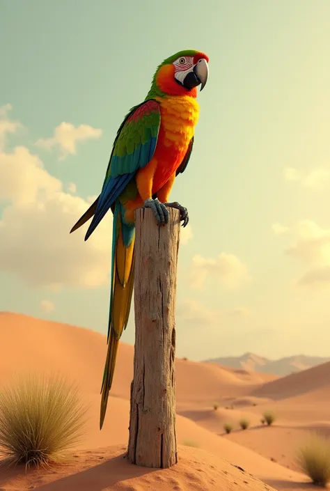 A parrot perched on a weathered wooden post in a desolate desert landscape.