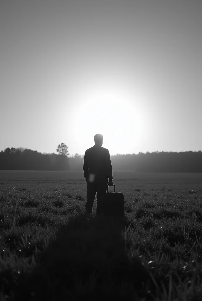 A vast field, with the sun setting far away in the center of the image. Only with its outline in the image, Against the light, there is a man standing holding a suitcase. everything is in black and white 