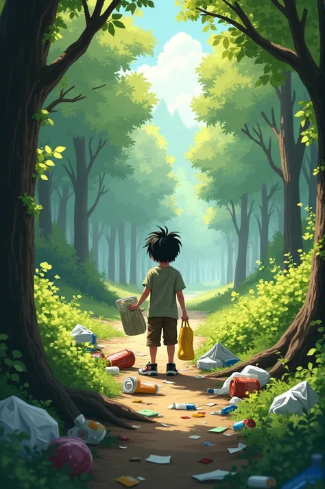 Landscape of a small forest with garbage scattered around and a black-haired boy collecting the garbage in the background