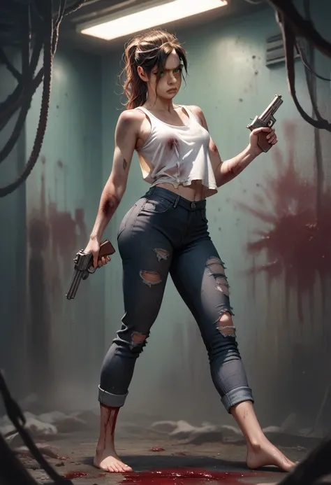 19 y.o., 1 girl, Claire Redfield, very small breast, detailing face, detailing body, big hips, small ass, brown hair, cute, detailing face, source_anime, large laboratory, white tank- top, oversized tank-top, black jeans, barefoot, dirty skin, wounds, brui...