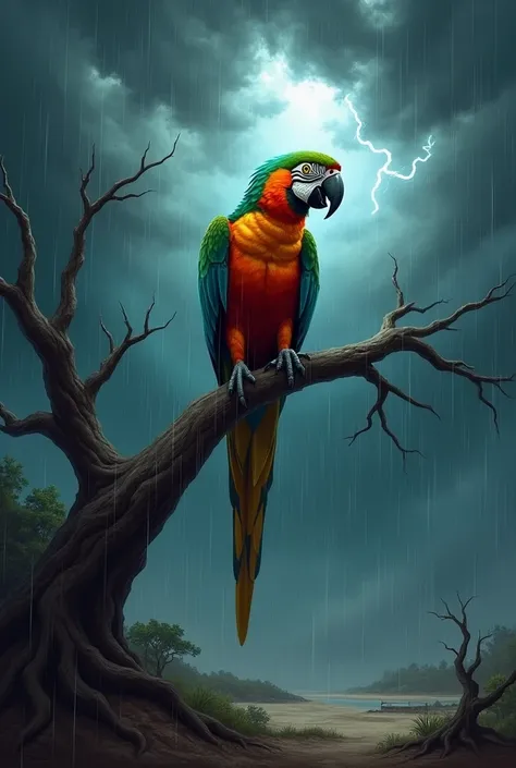 A parrot sitting alone on a barren tree branch during a stormy night.