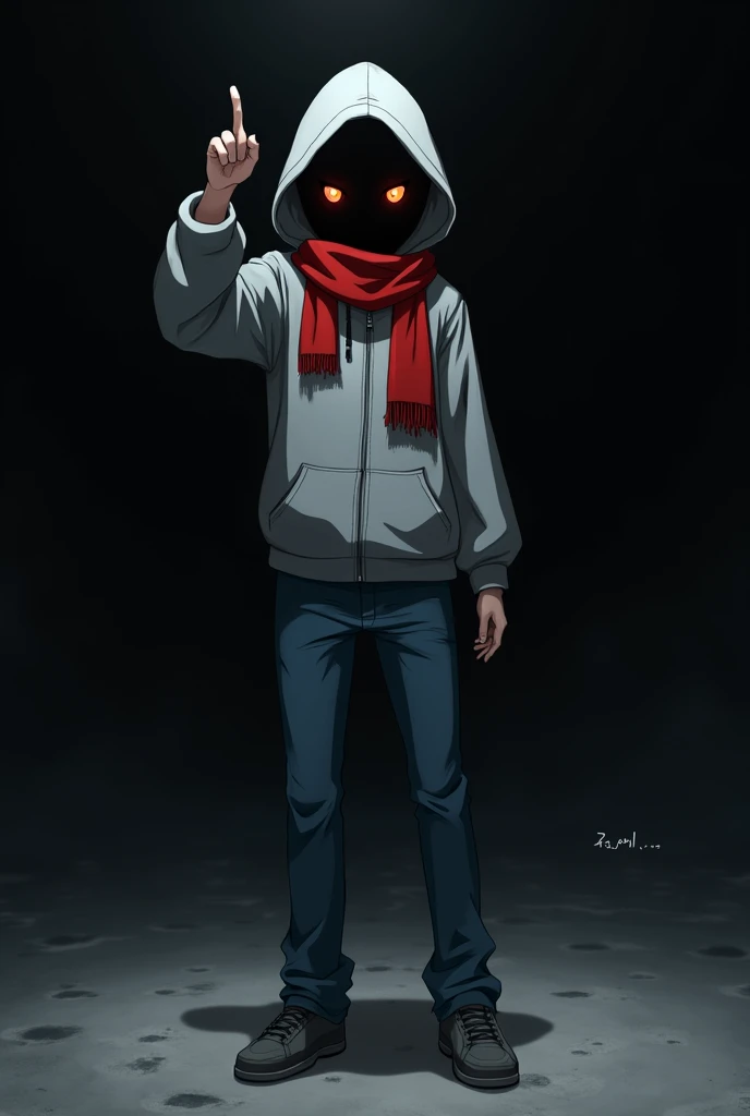 Anime pointing , black void man, with orange hollow eyes, red scarf, gray hoodie, blue jeans