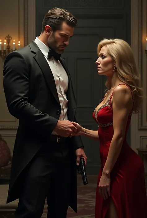 Strong man in tuxedo with gun pulling hand of blonde woman 