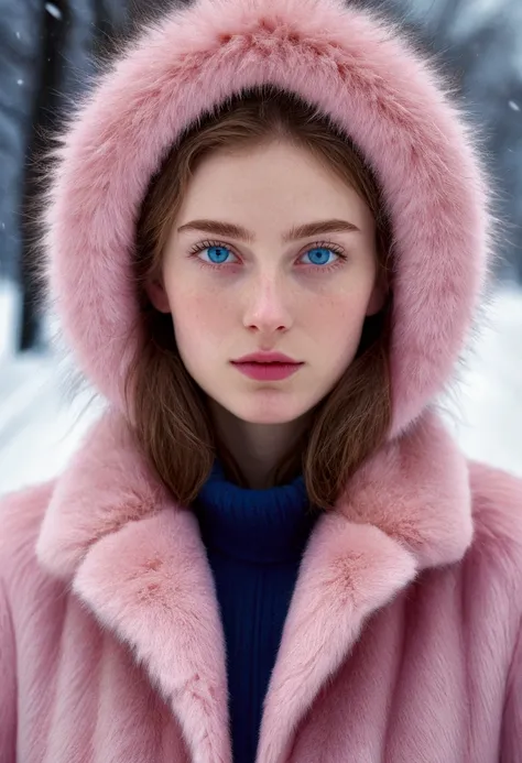 tall girl,pink fur, blue eyes, hyperdetailed photographs, soft light,realist, on the way home, under the snow