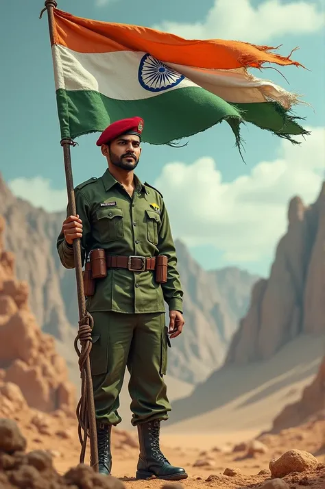 A soldier in a green uniform and a red beret stands in front of a tattered Indian flag, holding the flagpole with his right hand. The soldier is standing in a desert landscape, with mountains in the background. The soldier is looking straight ahead, with a...