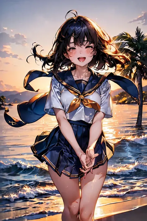 Browsing Caution,​(Highest quality, 8k, masterpiece:1.3,beautiful girl), (Very detailed)Glowing Skin,(((Woman 1))),((Short sleeve, cute navy sailor suit, Navy Pleated Skirt, Navy sailor collar, Blue Sailor Scarf, socks, Brown Loafers)), (Perfect Anatomy, A...