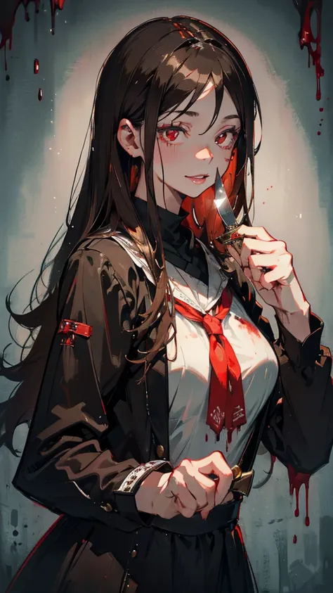 The unpleasant smile of a girl who loves knives、Psychopath horror, Brown Hair, big lips, There was blood on my face, ((Holding a knife)), Juicy lips, big , Holding a knife by the handle, whole body,Red Eyes Longhair