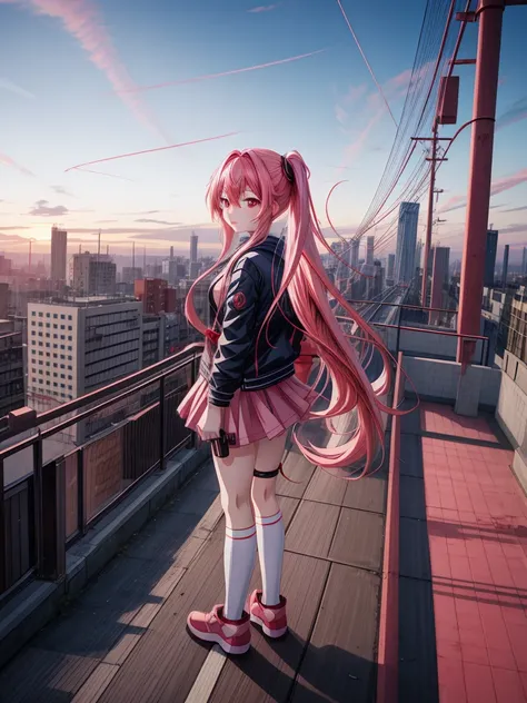 anime girl with long pink hair and red eyes standing in front of a city, best anime 4k konachan wallpaper, anime style 4 k, badass anime 8 k, 4k anime wallpaper, anime wallpaper 4 k, anime wallpaper 4k, anime art wallpaper 8 k, anime art wallpaper 4k, anim...