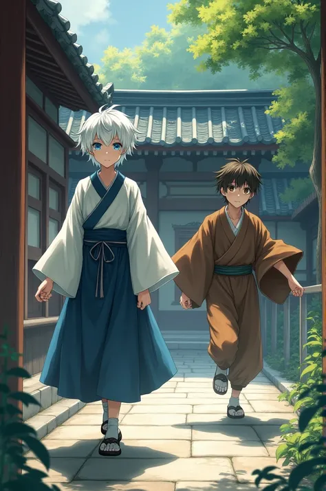 A white-haired, blue-eyed boy in a shrine maiden outfit、A young man with brown eyes and wearing a brown kimono runs away