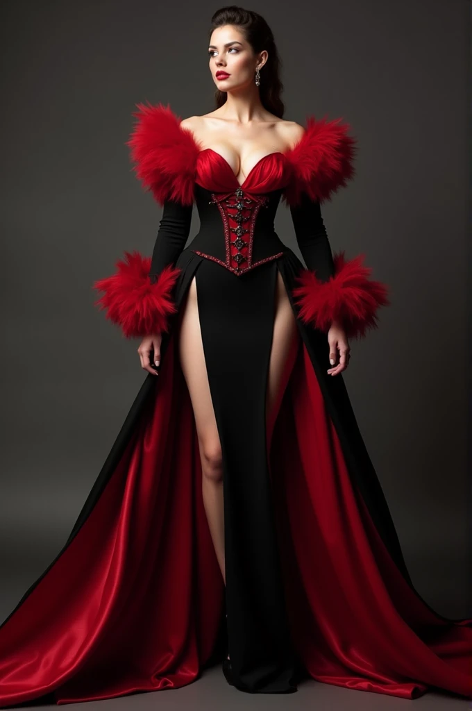 Vampire style dress in red and black colors, with volume in the skirt, slits on both sides in front of the skirt, off shoulder and sleeves reaching to the elbows with ruffles